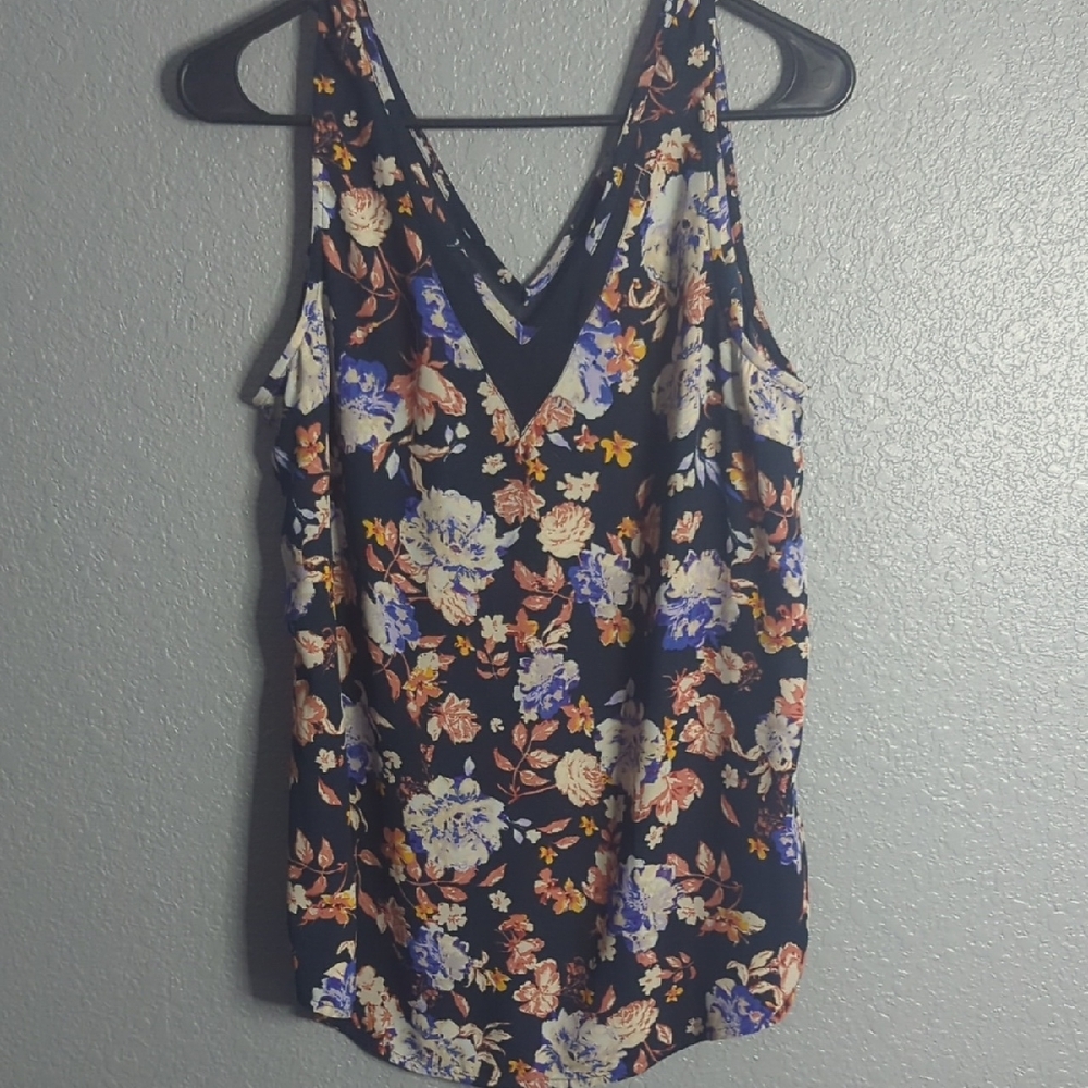 Blue Floral V-Neck Sleeveless Tank Top
